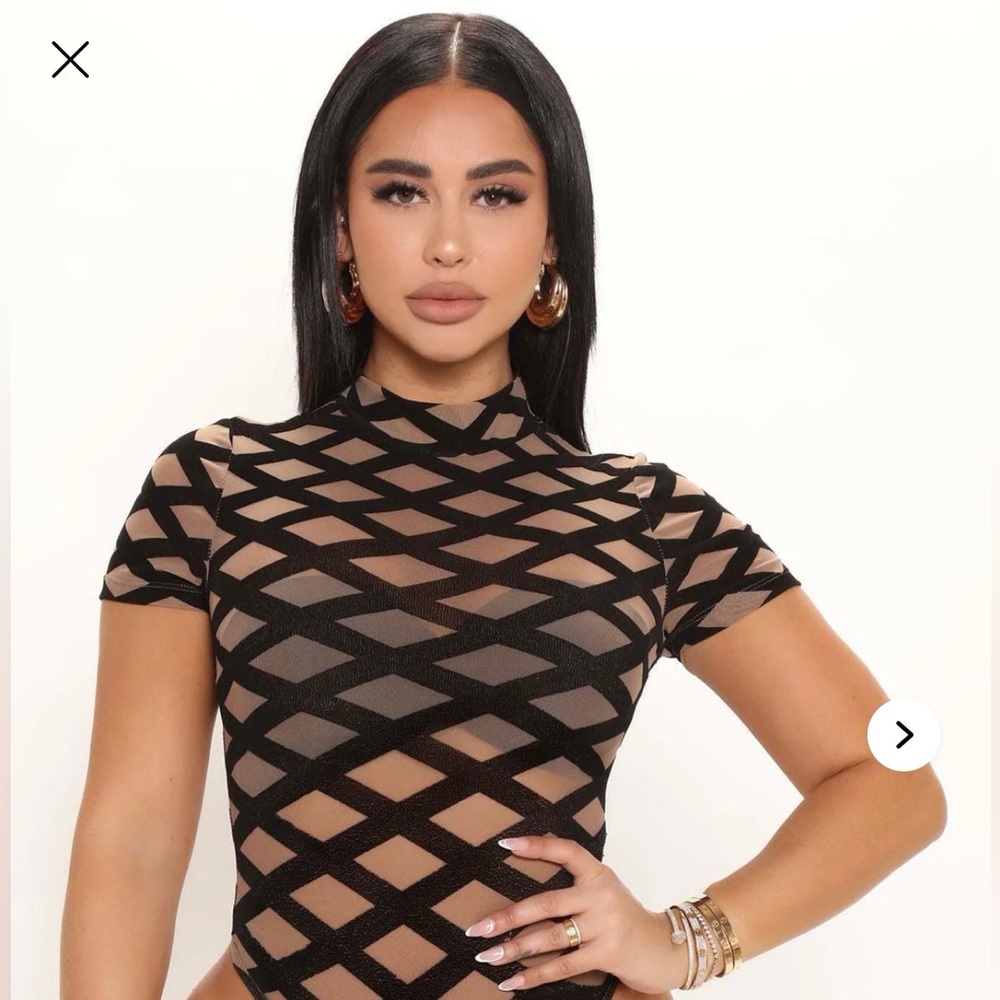 Fashion Nova Black Geometric Mesh Short Sleeve Bodysuit